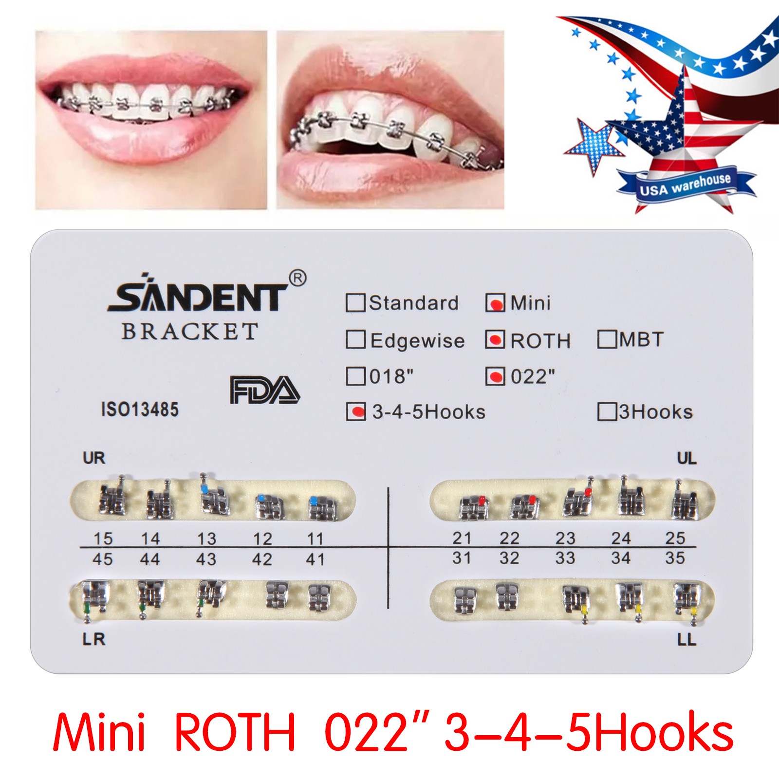 10 packs Dental Orthodontics Metal Bracket Braces Mini MBT 022″Slot Hooks 3-4-5