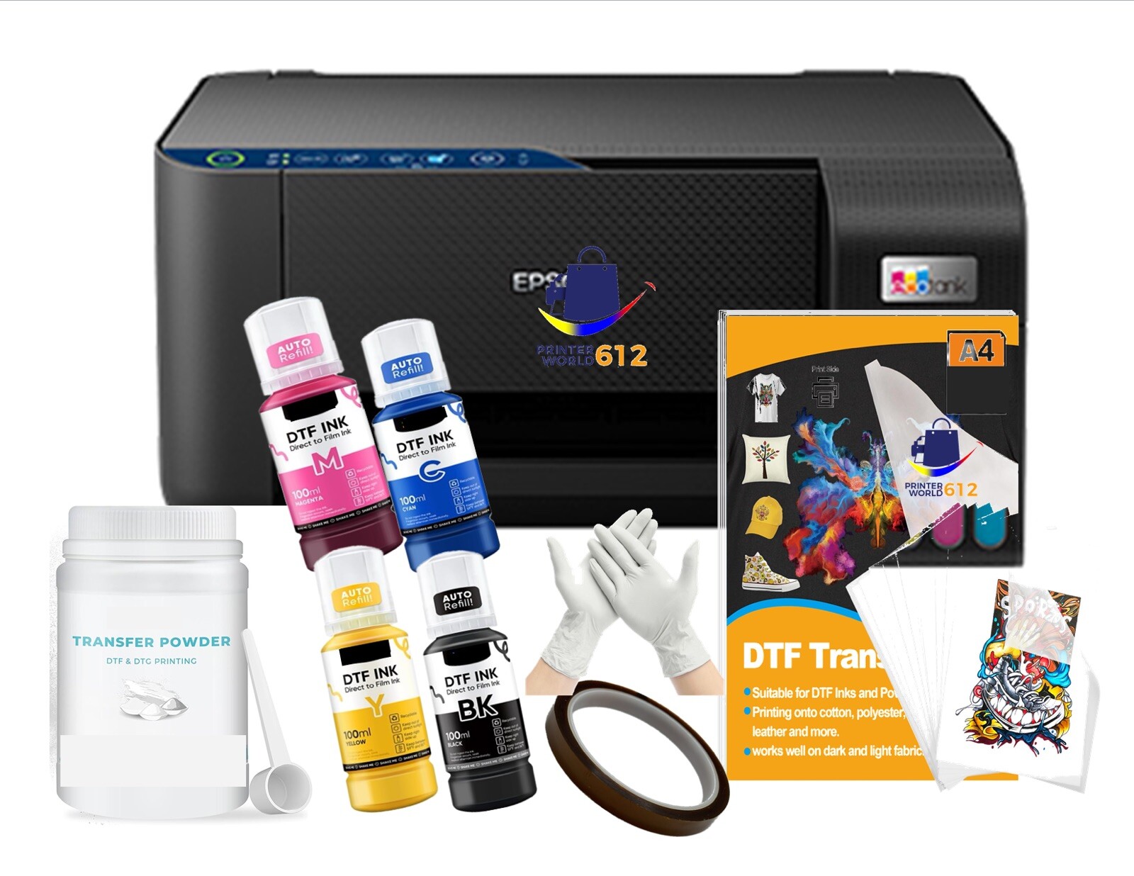 PRINTERWORLD All-in-One DTF Ink & Powder T-Shirt Printer Epson | Starter Kit NEW