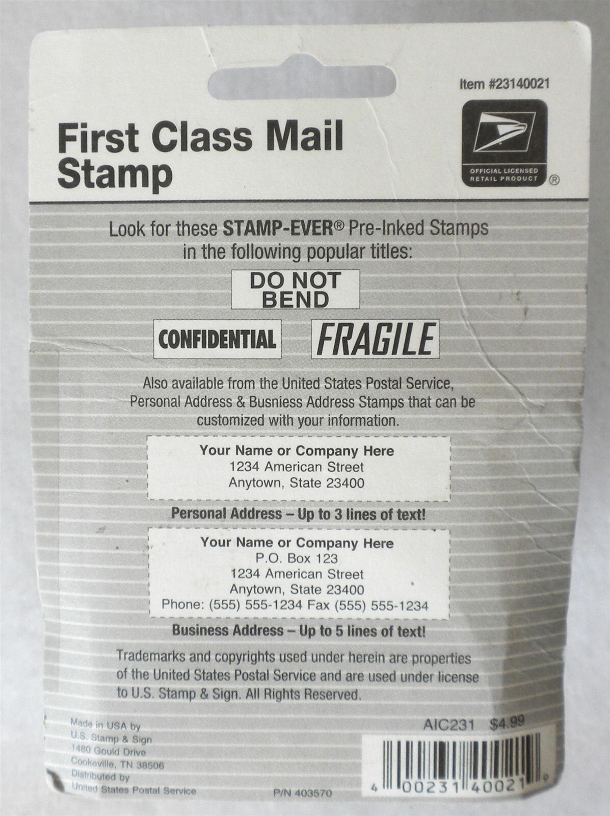 RARE UNITED STATES POST OFFICE FIRST CLASS MAIL RUBBER STAMP IN ORIGINAL PACKAGE