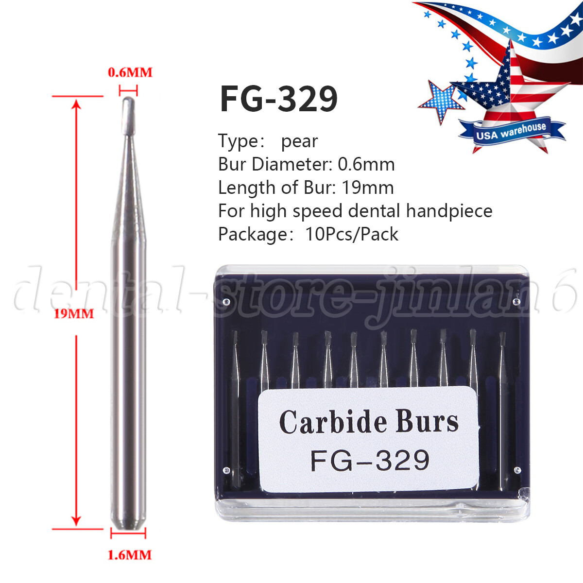 10 Pcs Dental Carbide Burs Pear-Shaped Type High Speed Tungsten Steel Bur FG329