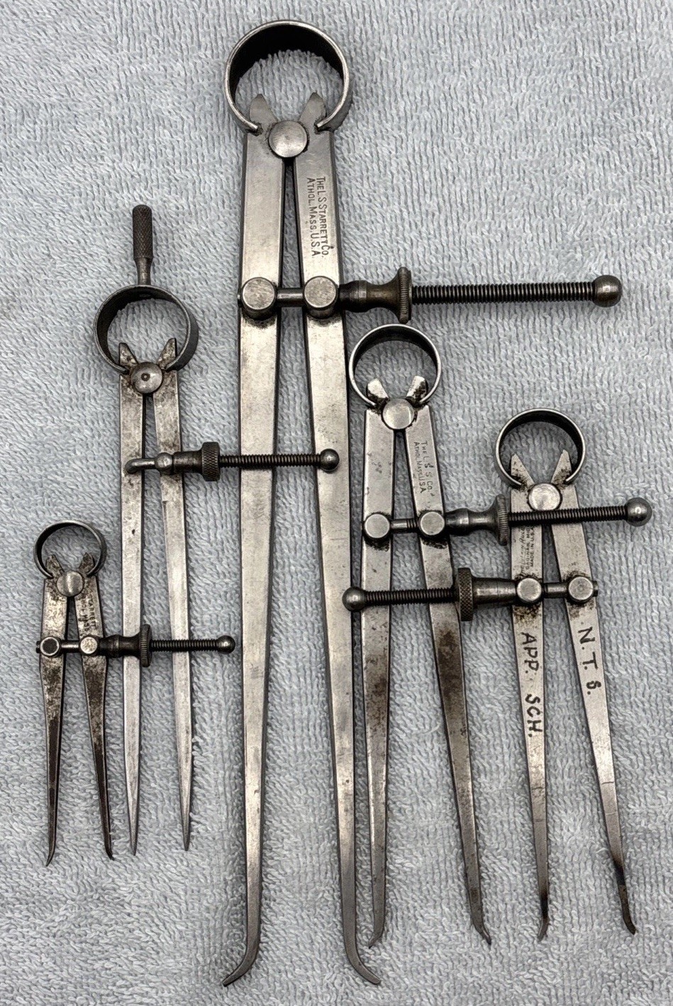 Lot of 5, Vintage, Spring Dividers, 3 L.S. Starrett, 1 Lufkin, 1 Unknown.