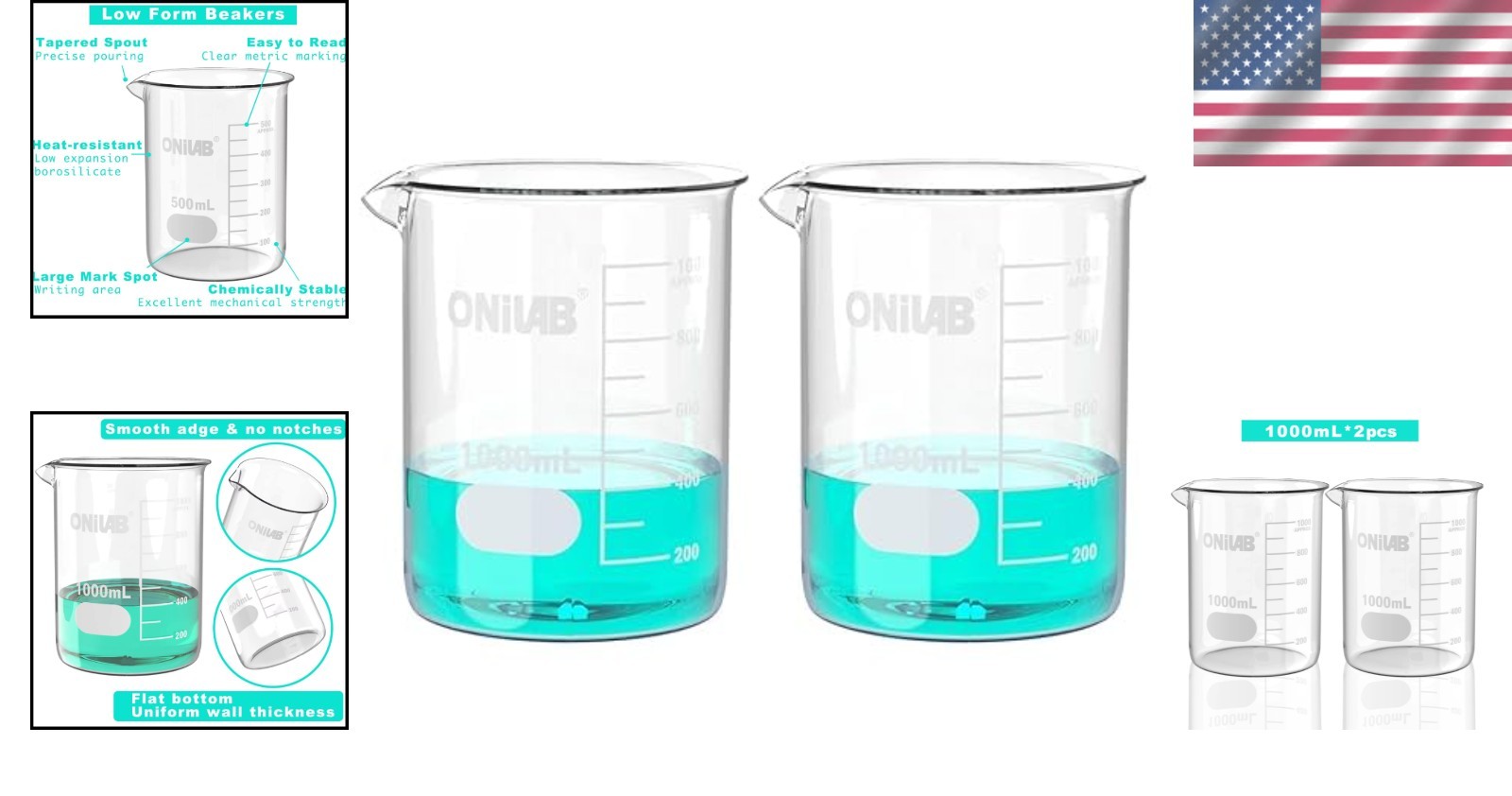 2pcs Scientific Griffin 1000ml Glass Beakers – Printed Graduation, Easy Handling
