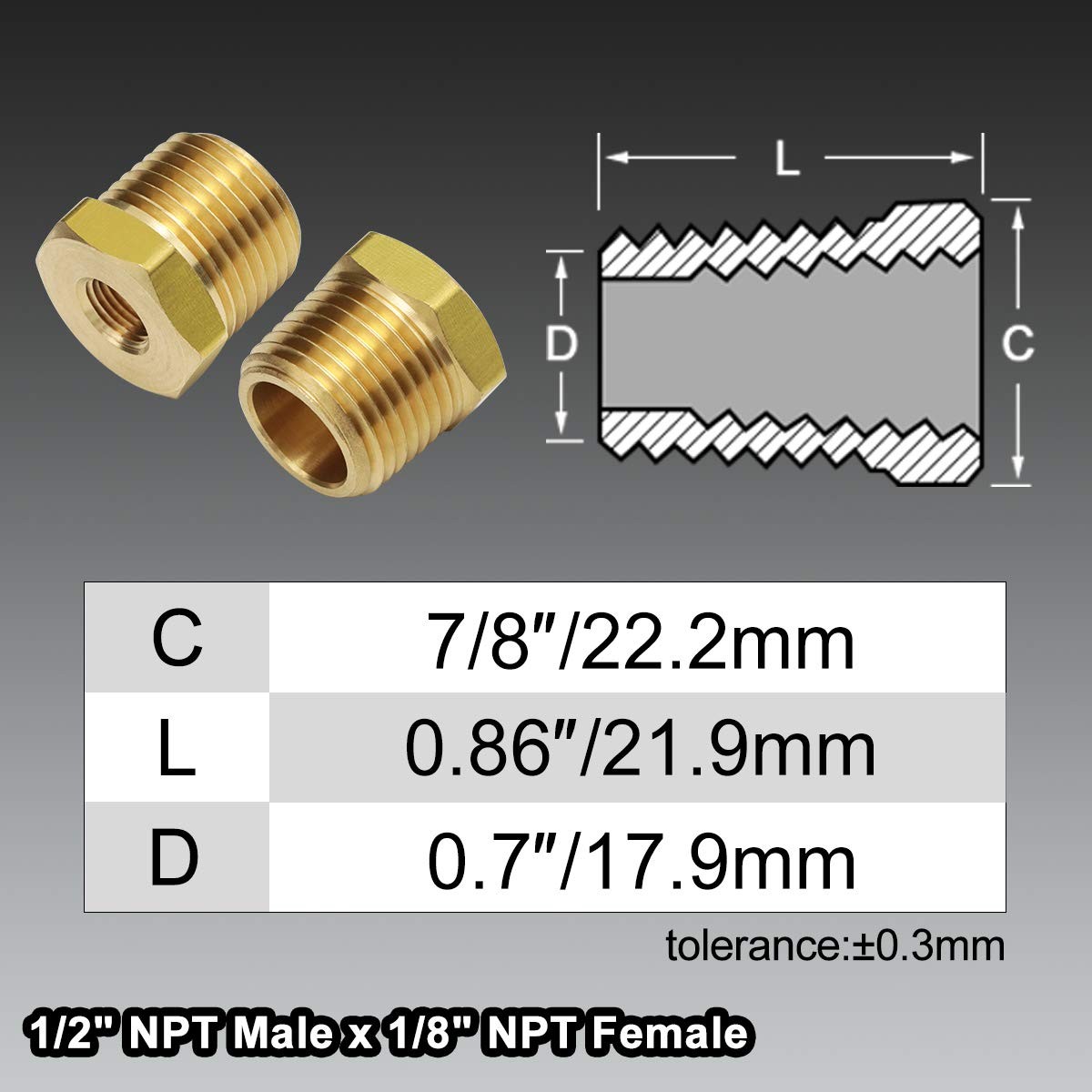 1/2 Inch NPT Male to 1/8 Inch NPT Female Reducing Brass Bushing Adapter – 2 Pack