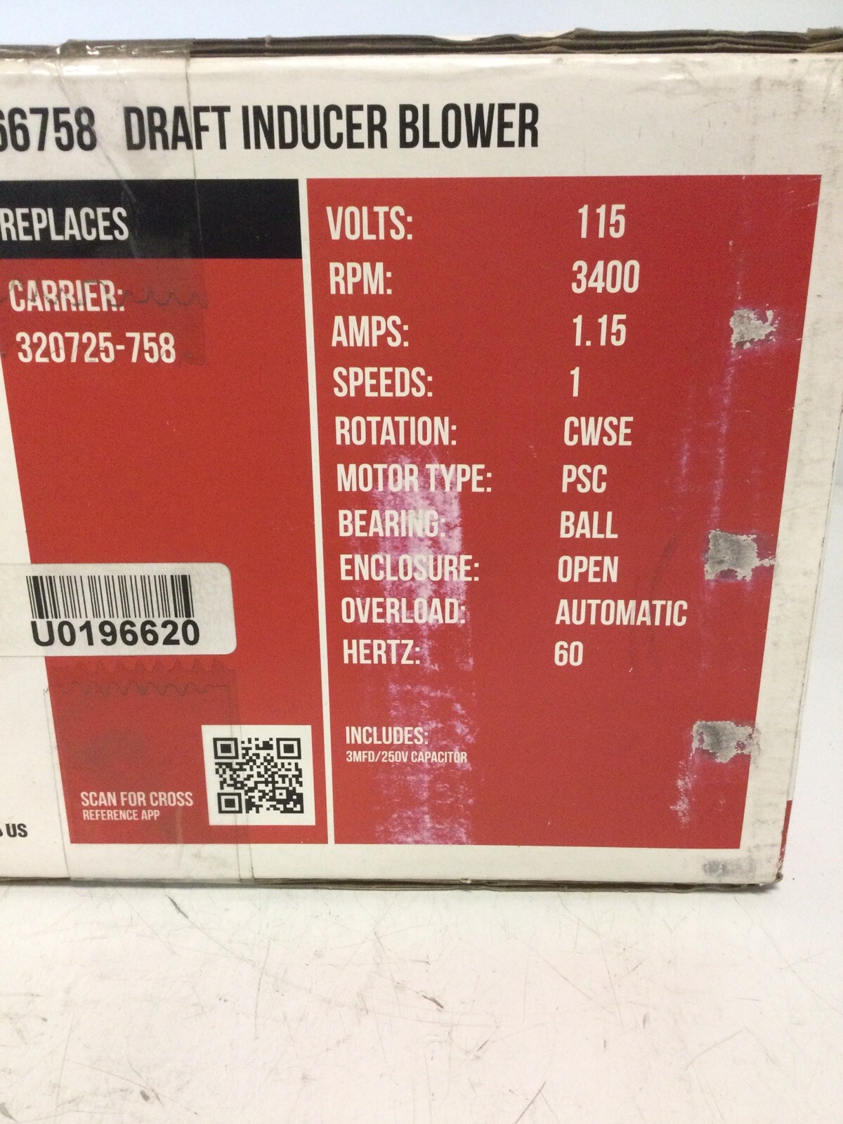 NEW, PACKARD, 66758, DRAFT INDUCER BLOWER, 115V, 1.15A, 3400 RPM, 60HZ. (