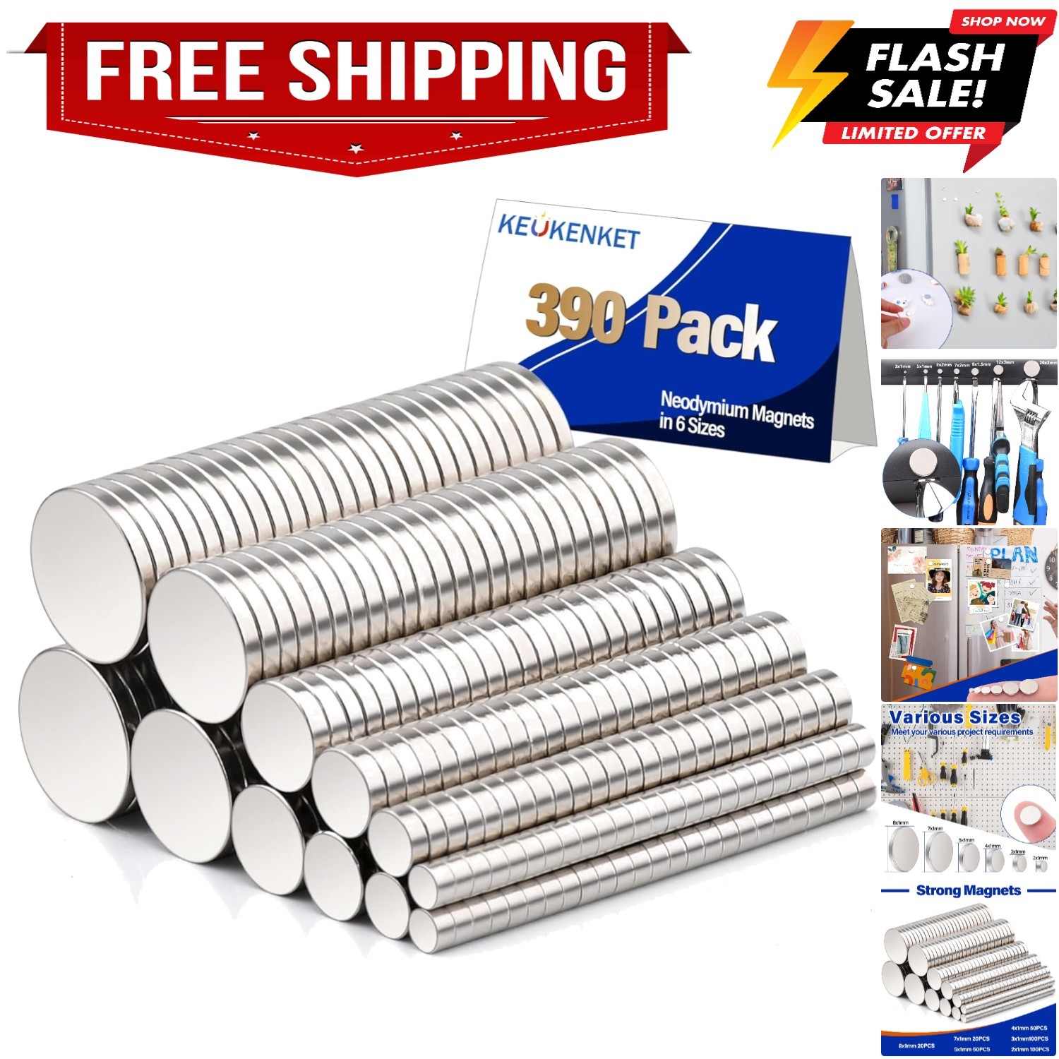 390PCS Small Strong Magnets in 6 Different Sizes,Neodymium Disc Magnets Heavy…
