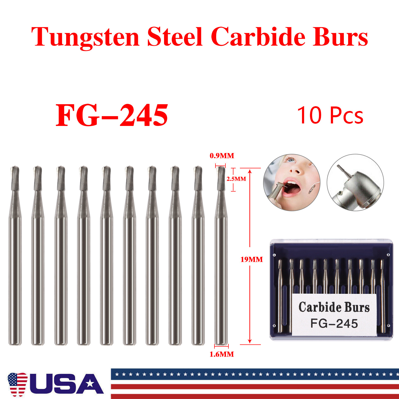 10Pcs Dental Tungsten Carbide Burs Pear-Shaped Tungsten Steel FG 245 Bur Drills