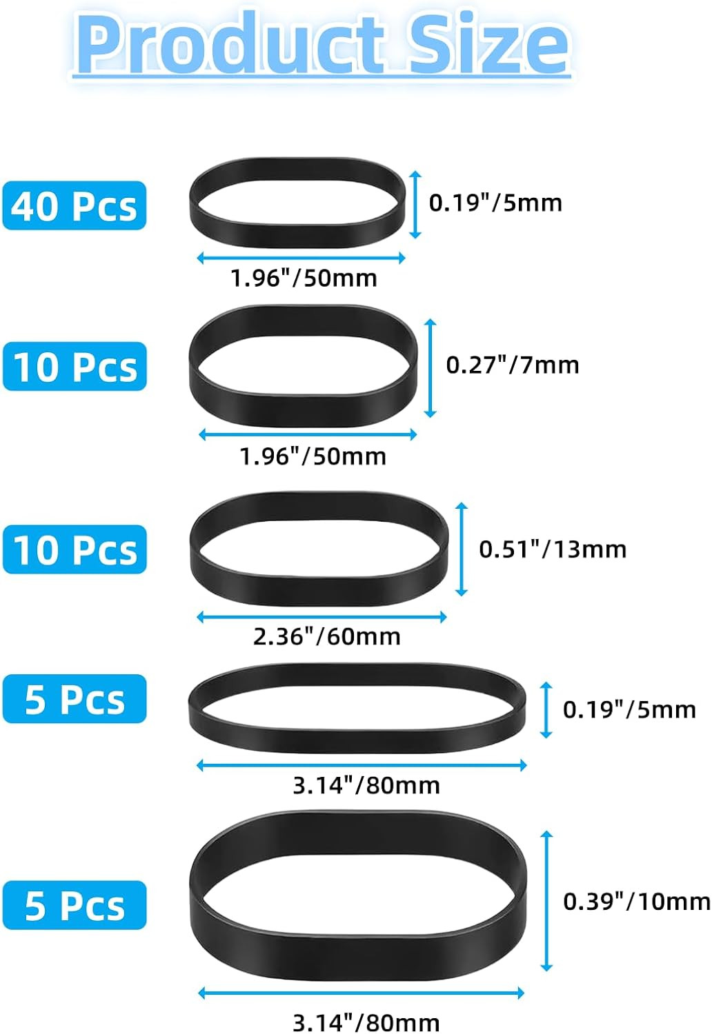 70 Pcs Tactical Rubber Bands 5 Sizes, Black Elastic Wide Thick UV Heat Cold Resi