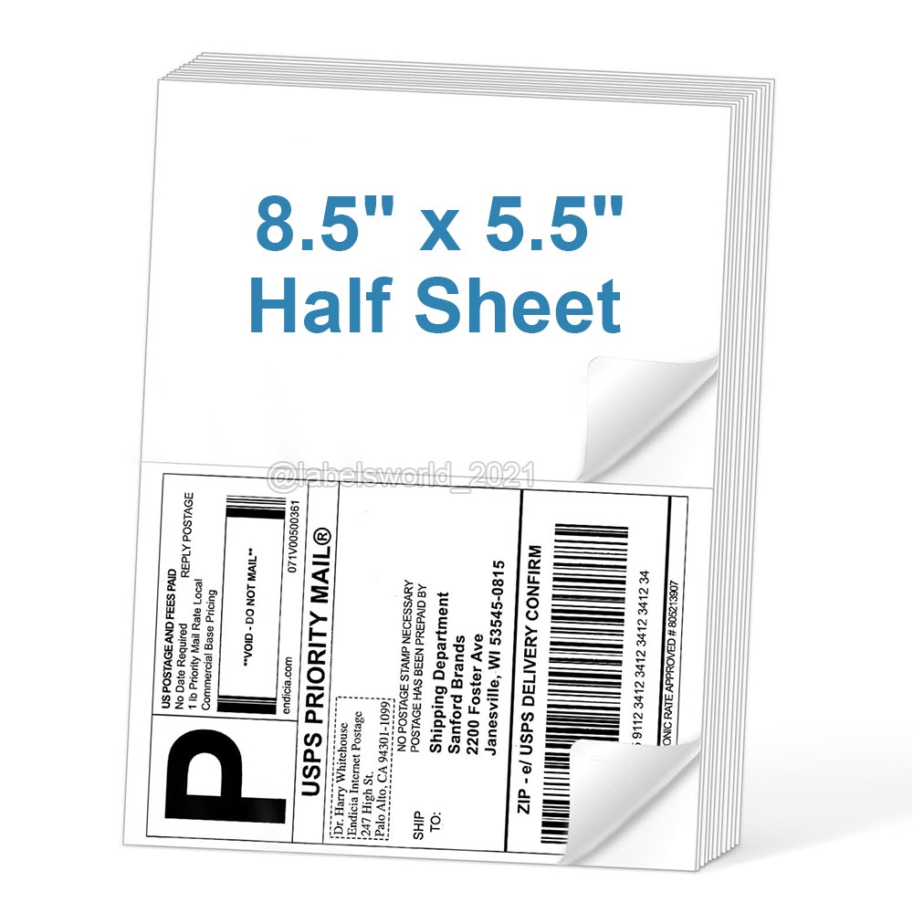 50-1000 Premium 8.5″ X 5.5″ Half Sheet Self Adhesive Shipping Labels 2 Per Sheet