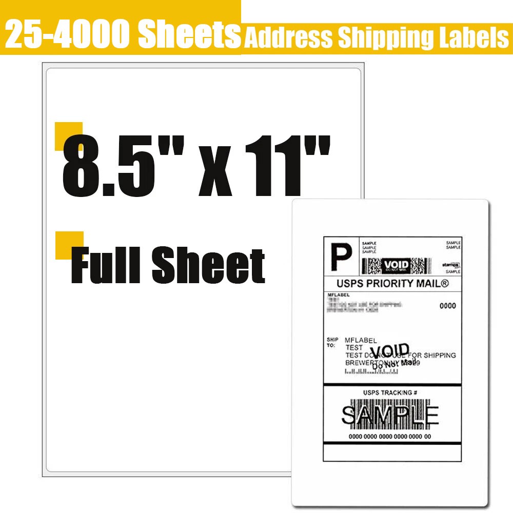 100 Full Sheet Shipping Labels 8.5×11 Self Adhesive Blank Paper for Laser/Inkjet
