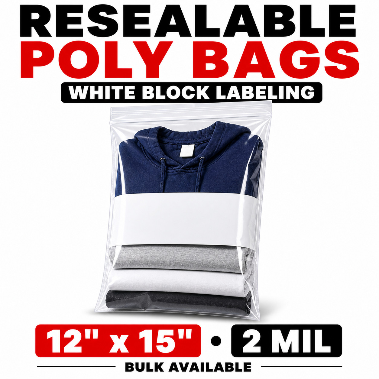 12×15 Clear Zip Poly Bags 2 Mil Reclosable White Block Bulk 100 200 1000 2000