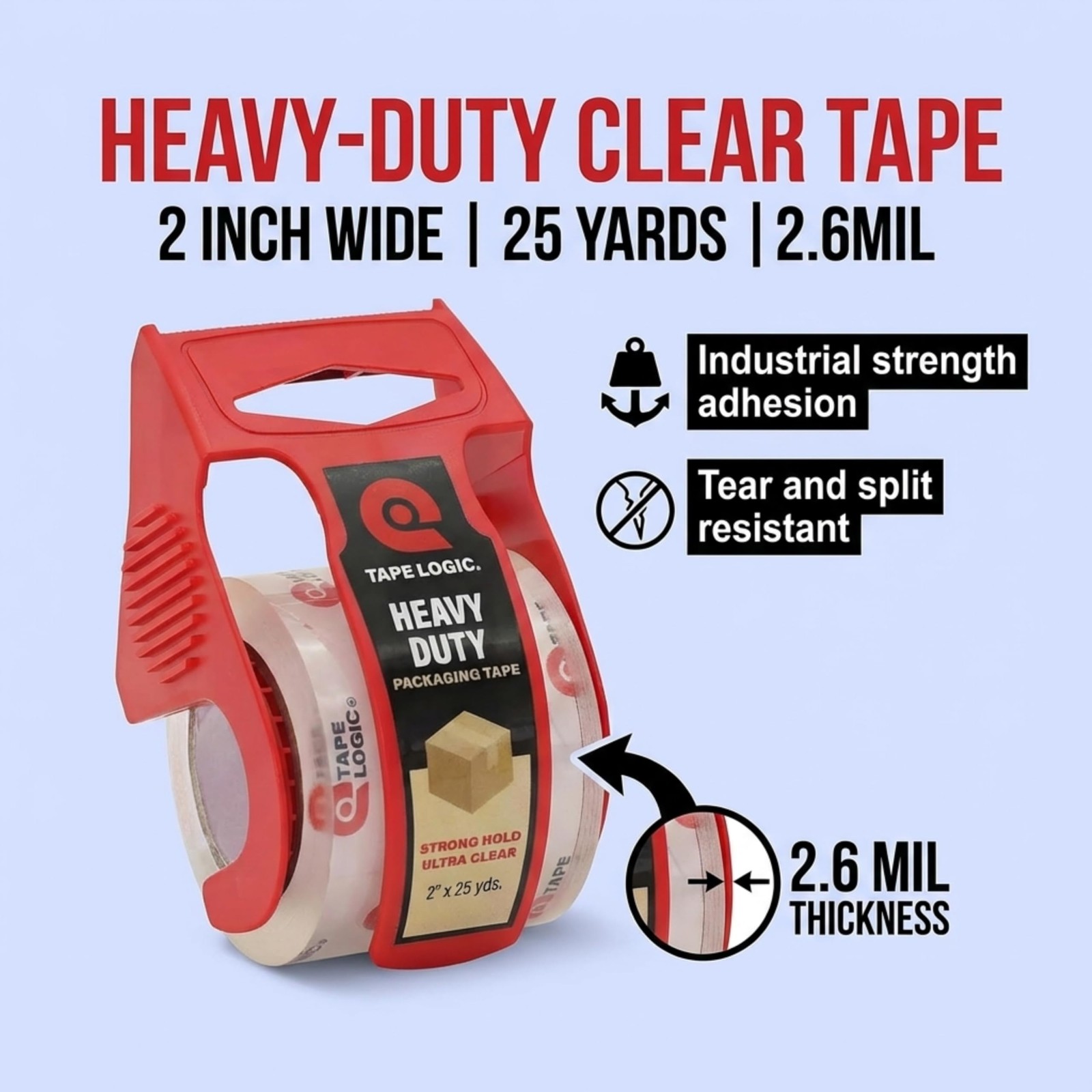 Tape Logic Heavy Duty Packing Tape with Dispenser (2 Pack) – 2.6 Mil Thick Cl…