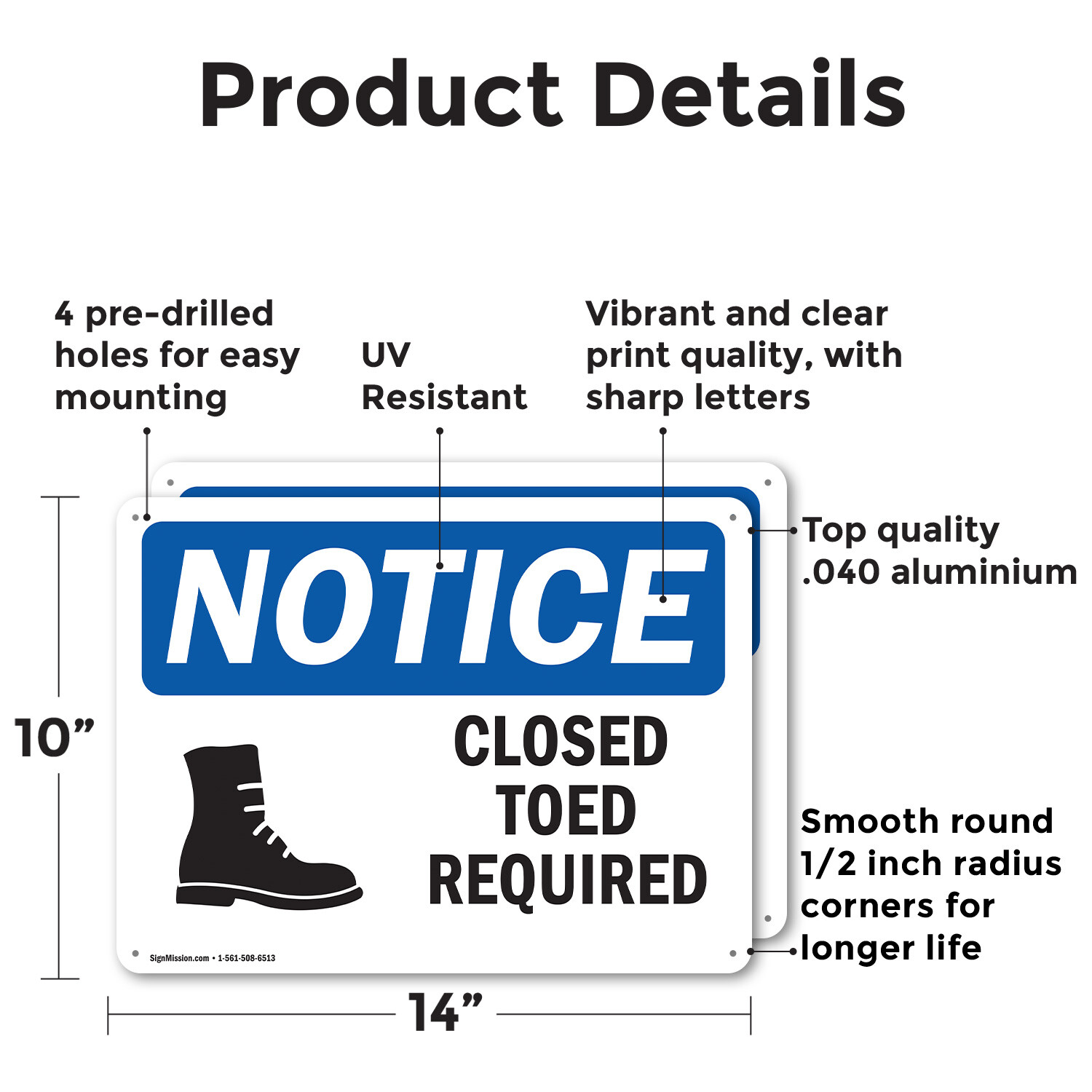 (2 Pack) Closed Toed Shoes Required OSHA Notice Sign Decal Metal Plastic