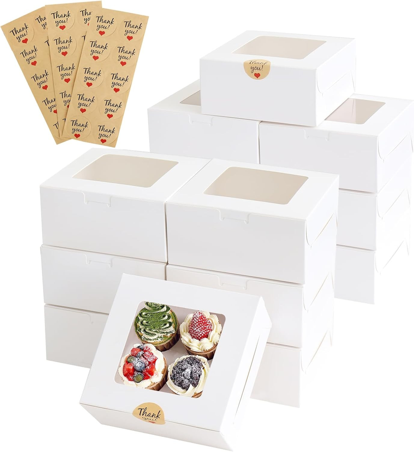 30 Pcs Bakery Boxes with Clear Window, 6.3×6.3×3 Inches, Food Grade Materials, E