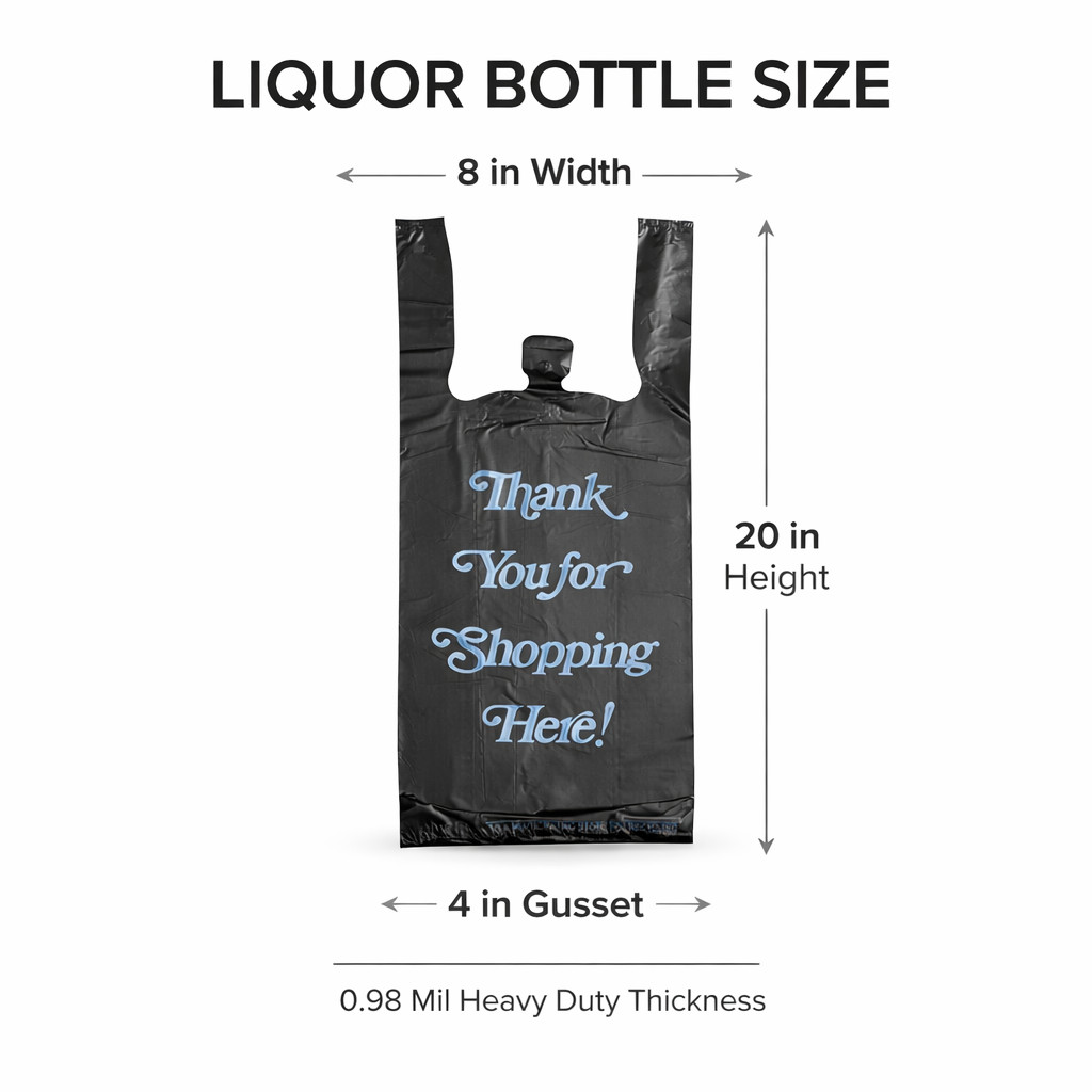 Black Thank You Liquor Bottle Bags 8x20x4 Heavy Duty 0.98 Mil (50-1000)