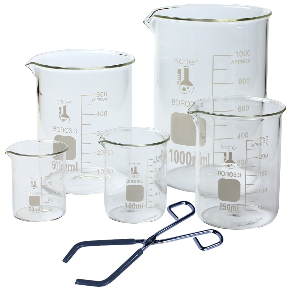 Glass Low Form Beaker Set with Beaker Tongs, 5 Sizes – 50, 100, 250, 500, and 1L