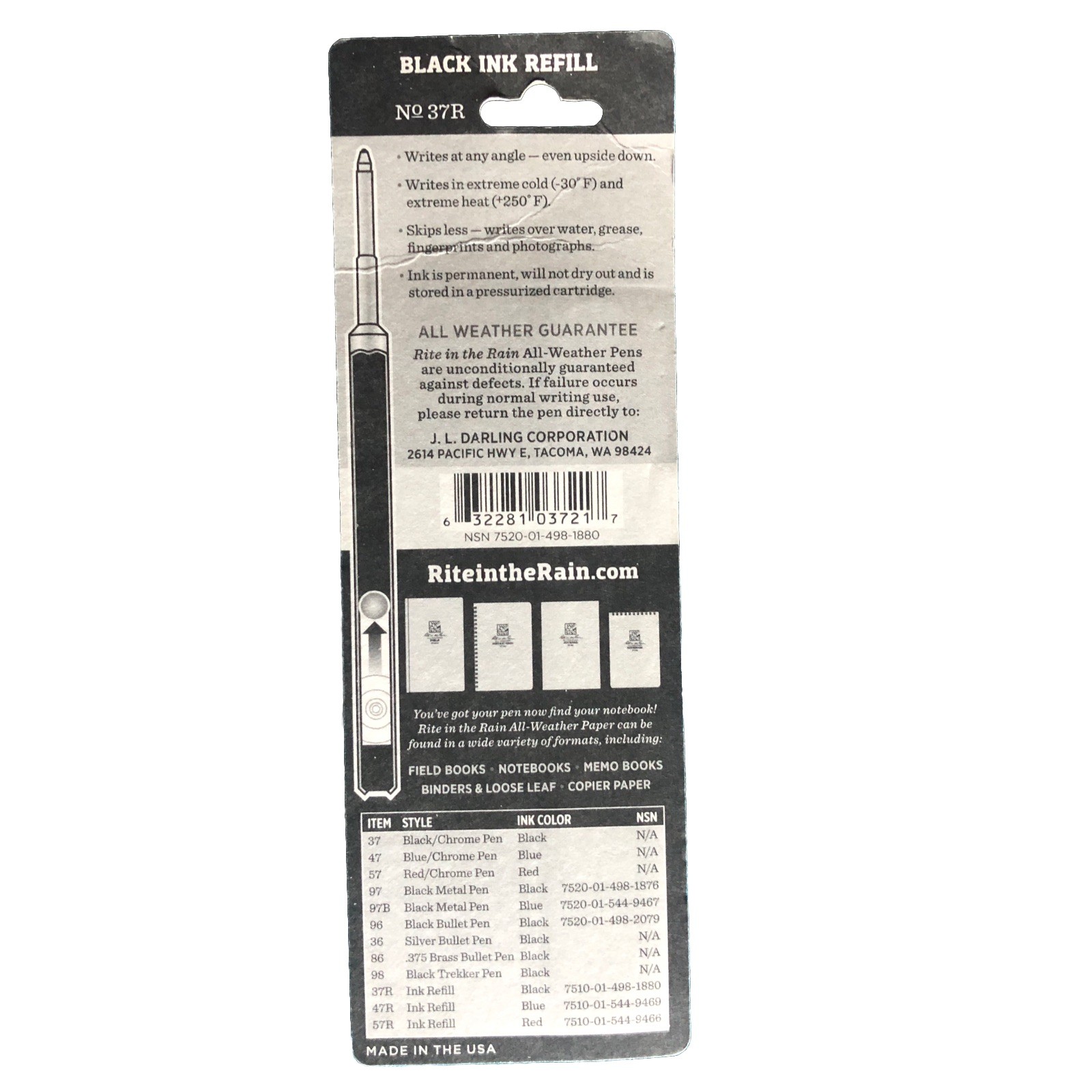 New In Package Rite in the Rain Clicker Black Metal 5.25″ Writing Pen 97